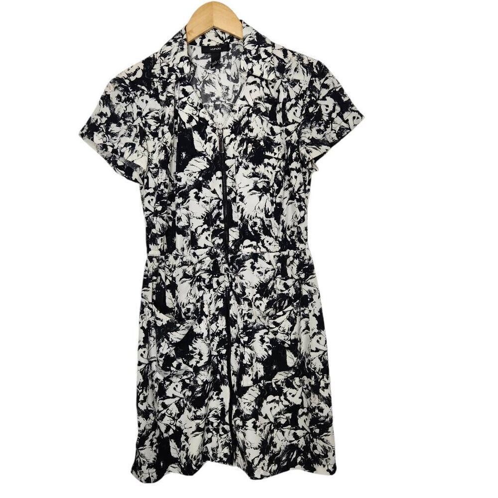 Alfani dress zip front tie waist v neck black white print pockets size 6